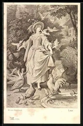 AK Lili, Frau ist von Tauben, Hasen und Hühnern umringt, Goethe