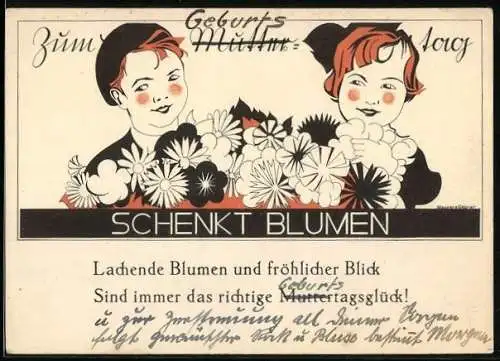 Künstler-AK Zwei Kinder mit Blumen, Zum Muttertag