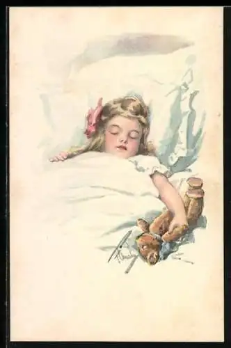AK Kleines Mädchen mit Teddy im Bett
