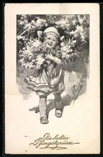 Künstler-AK Karl Feiertag: Fröhliches Mädchen mit Blumensträussen