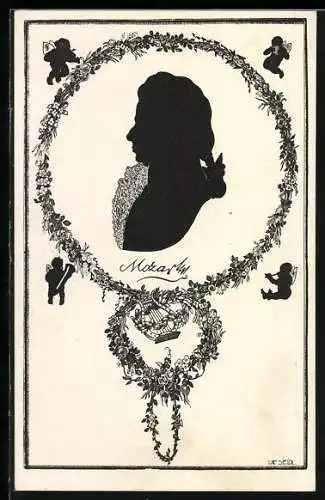 Künstler-AK Ulf Seidl: Portrait Mozart, Schattenbild, Engel, Blumenkranz