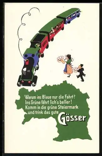 AK Brauerei-Werbung für Gösser Biere aus Leoben, Eisenbahn