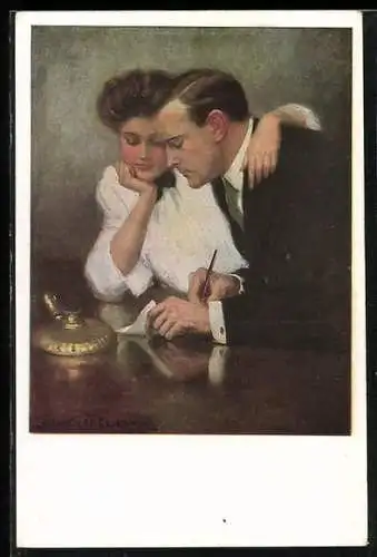 Künstler-AK Clarence F. Underwood: Junges Paar macht Pläne