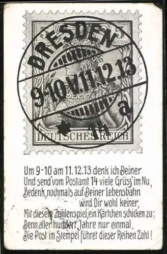 AK Kurioses Datum 11.12.1913, Briefmarke