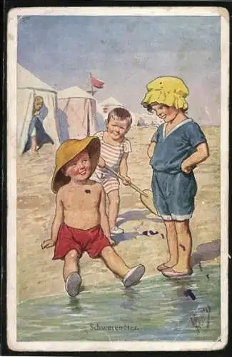 Künstler-AK Karl Feiertag: Schwerenöter, Drei Kinder am Strand