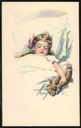 Künstler-AK Schlafendes Mädchen mit Teddy