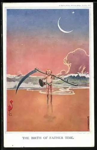 Künstler-AK Baby kommt mit Sanduhr und Sense aus dem Meer gelaufen, The Birth of Father Time