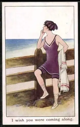Künstler-AK Frau im Badeanzug mit Handtuch blick zum Meer, I wish you were coming along
