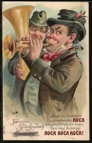 AK Männer mit Blasinstrumenten, Glückwunsch zum Geburtstag