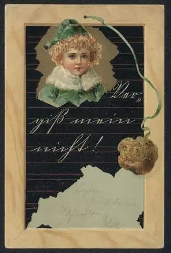 AK Mädchen durch Schultafel mit Schwamm, Passepartout