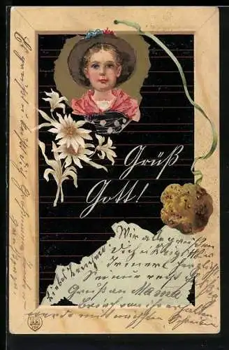 Lithographie Schule, junge Dame mit Hut und Blüte