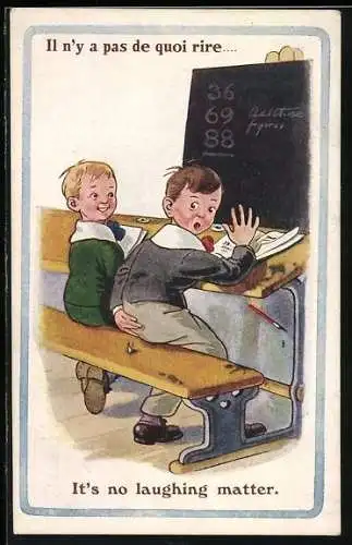 Künstler-AK Zwei Jungen sitzen auf einer Schulbank, It`s no laughing matter