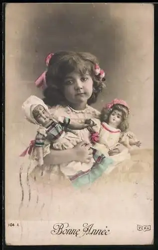 AK Mädchen mit Schleifen im Haar und zwei Puppen, Bonne Année