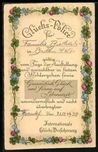 Künstler-AK Glücks-Police für Familie Bierhas mit Rahmen aus Klee und Vergissmeinnicht