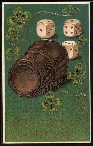 AK Würfelbecher mit Würfeln und Kleeblättern