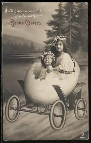 AK Ostern, Mädchen fahren mit Eier-Auto