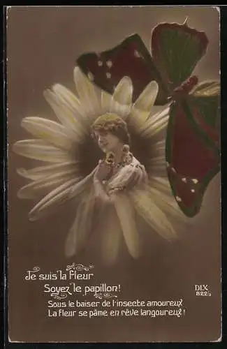 AK Frau in einer Blume mit Schmetterling, Je suis la fleur, Soyez le papillon