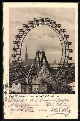 AK Wien, Riesenrad mit Stefansturm auf dem Wiener Prater