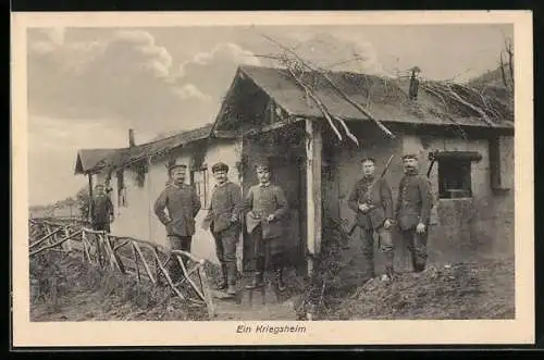 AK Ein Kriegsheim, Deutsche Soldaten vor requiriertem Gebäude