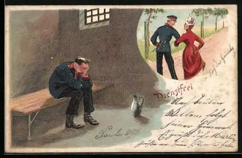 Lithographie Dienstfrei, Deutscher Soldat im Arrest