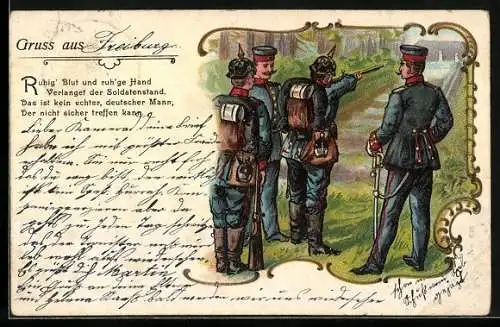 Lithographie Deutsche Soldaten mit Pickelhauben beim Übungsschiessen