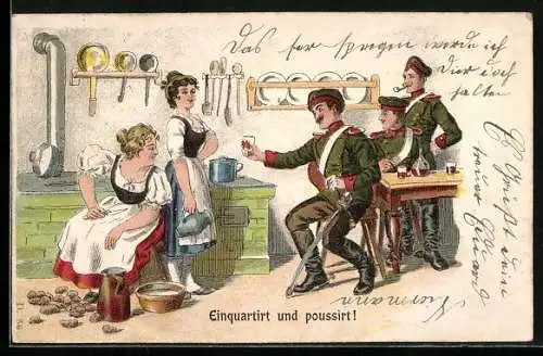 Lithographie Einquartiert und poussirt, Deutsche Ulanen und zwei Hausfrauen in Küche