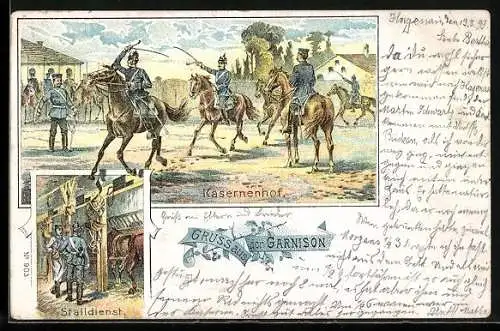 Lithographie Deutsches Heer, Kavallerie auf dem Kasernenhof und beim Stalldienst