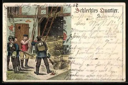 Lithographie Schlechtes Quartier, Deutsche Soldaten vor Scheune mit Strohballen