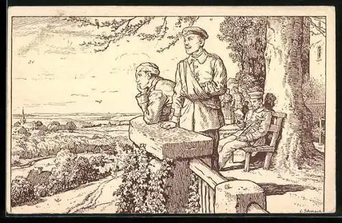 Künstler-AK Verwundete Soldaten haben einen schönen Ausblick, Rotes Kreuz