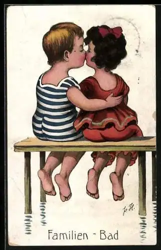 AK Rückenansicht von Kinderpaar im Badeanzug
