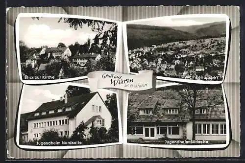 AK Würm b. Pforzheim, Kirche, Teilansicht, Jugendheim Nordseite, Jugendheim Südseite