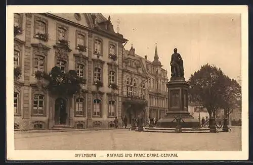 AK Offenburg, Rathaus und Franz Drake-Denkmal