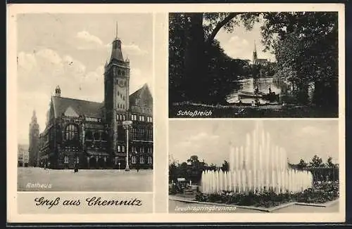AK Chemnitz, Rathaus, Schlossteich, Leuchtspringbrunnen
