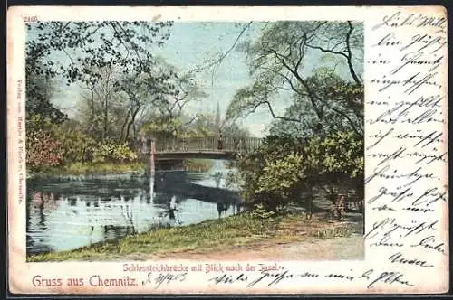 AK Chemnitz, Schlosssteichbrücke mit Blick nach der Insel