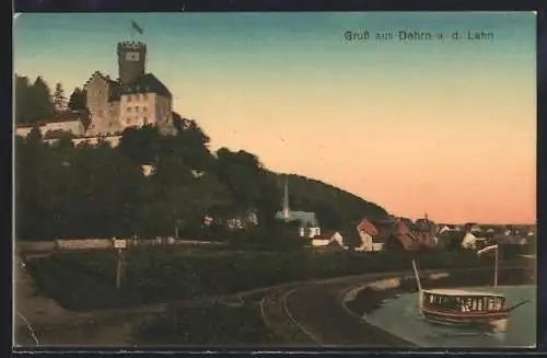 AK Dehrn a. d. Lahn, Burg, Kirche, Lahn mit Boot