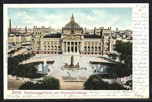 AK Berlin, Reichstagsgebäude mit Bismarckdenkmal