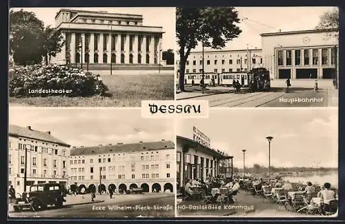 AK Dessau, Landestheater, Hauptbahnhof, Ecke Wilhelm-Pieck-Strasse, HO-Gaststätte Kornhaus, Strassenbahn