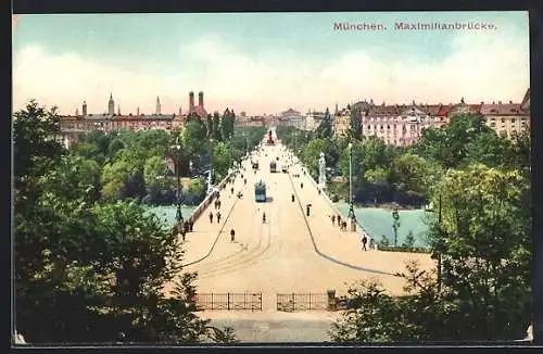 AK München, Maximilianbrücke, Strassenbahnen