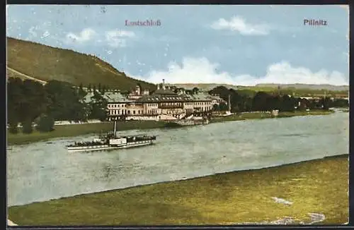 AK Dresden-Pillnitz, Lustschloss, Dampfschiff auf der Elbe