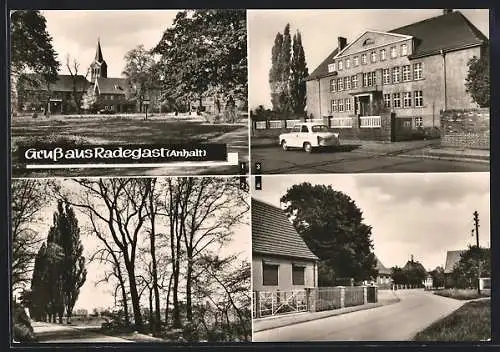AK Radegast /Anhalt, Leninplatz, Strasse nach Zörbig, Polytechnische Oberschule, Ernst-Thälmann-Strasse