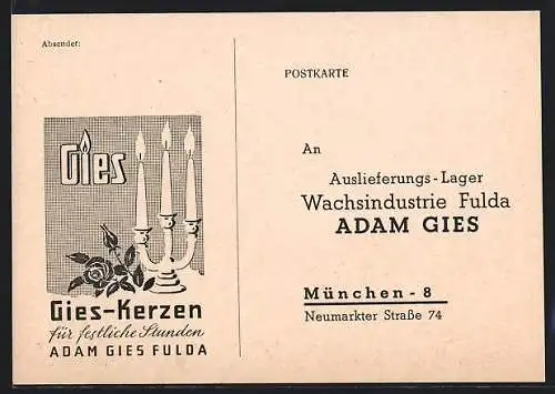 AK Fulda, Korrespondenzkarte Adam Gies Wachsindustrie-Lager, Neumarkter Strasse