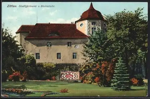 AK Zittau, Stadtgärtnerei mit Blumenuhr