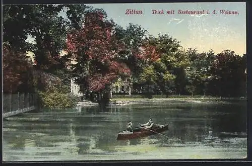AK Zittau, Teich mit Restaurant i. d. Weinau