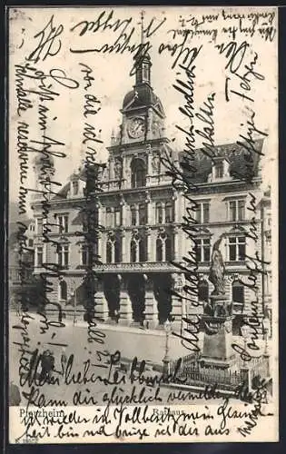 AK Pforzheim, Rathaus mit Denkmal
