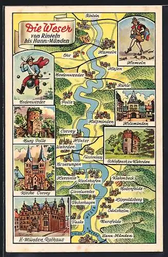 Künstler-AK Rinteln, Verlauf der Weser bis Hann.-Münden