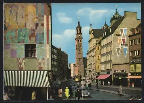 AK Augsburg, Maximilianstrasse mit Rathaus und Perlachturm