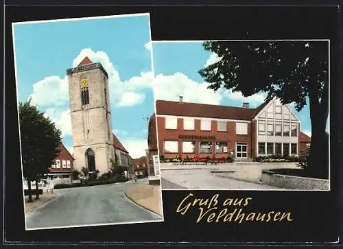 AK Veldhausen, Strassenpartie mit Kirche, Kreissparkasse