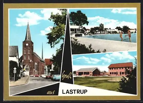 AK Lastrup, Freibad, Strassenpartie mit Kirche