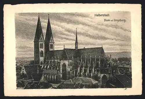 Künstler-AK Halberstadt, Dom mit Panorama