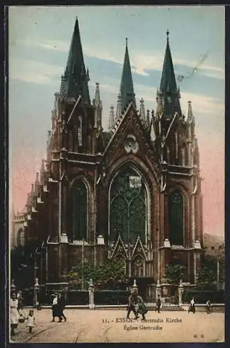 AK Essen, Gertrudis-Kirche mit Strassenpartie